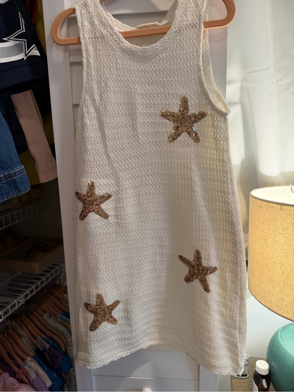 Girls' Cream Sleeveless Knit Dress with Gold Sequin Star Details